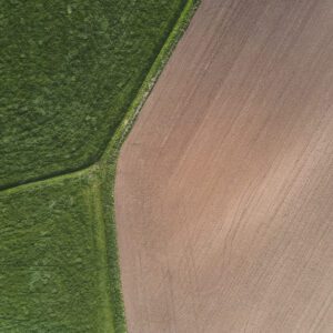 Abstrakte Luftaufnahme von einem gepfl&uuml;gten Feld mit Zuwegung, Symmetrie der Natur vertikal aus 99 Metern H&ouml;he fotografiert, Fine Art, 99 Meter Print von Thorsten Springer